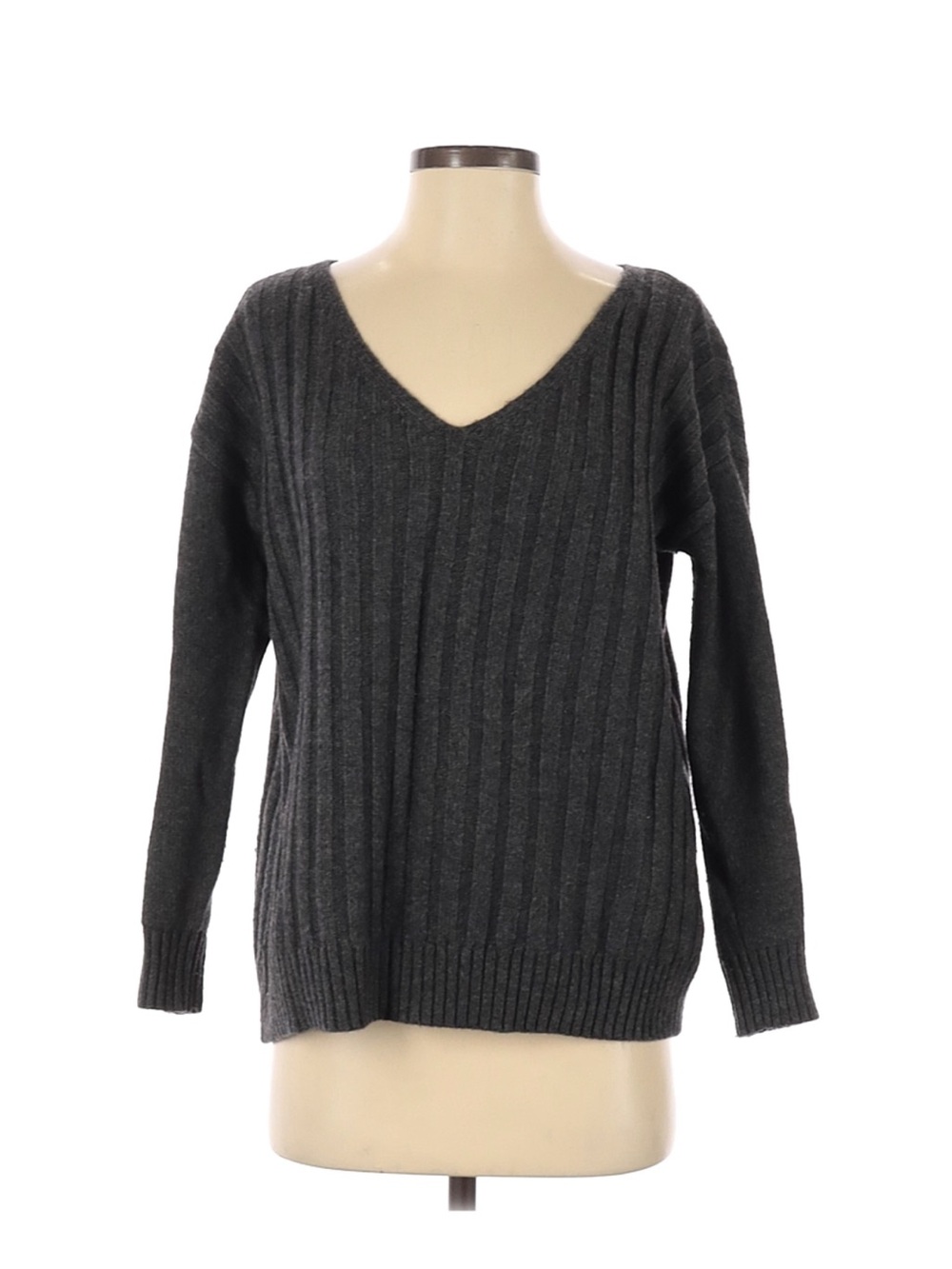 Gap Wool Blend Ribbed V-Neck Sweater Gray XS Cozy Thick Knit